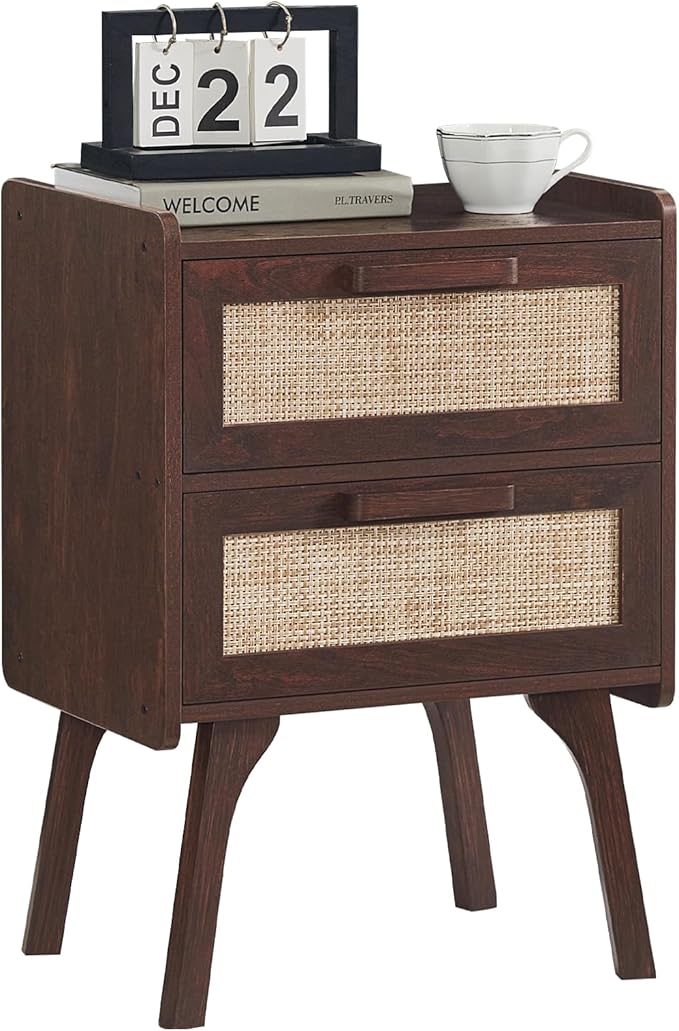 Lerliuo Rattan Night Stand, Boho 2 Drawers Nightstands, Walnut Bed Side End Tables with Solid Wood Legs, Bedside Table for Bedroom, Dorm and Small Spaces by Lerliuo