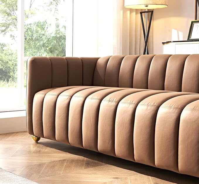 Direct Glam Fabric Upholstered Solid Wood Frame 82.7" Art Deco Sofa for Living Room, Office, Sophisticated 3 Seater Couch, Brown