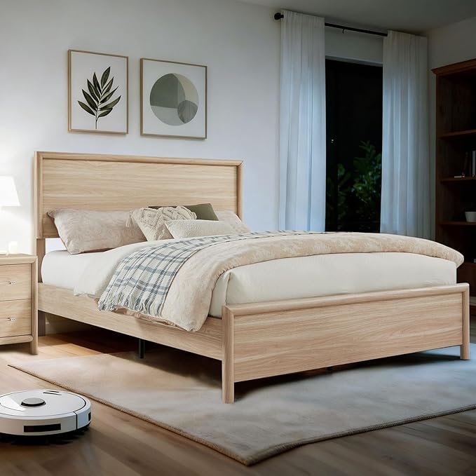 Bed Frame and Nightstand Set, Queen Wood Bed Frame with Headboard and 2 2-Drawer Nightstands, 3 Pieces Mid-Century Modern Bedroom Furniture Set, Natural Ash