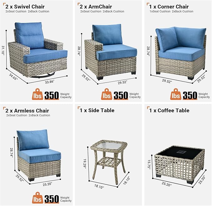ovios 9 Piece Patio Sectional Furniture with Swivel Rocking Chairs, Rattan Wicker Coversation Set with Glowing Coffee Table, Outdoor Sofa Set for Outside Porch Balcony Backyard Pool,Blue