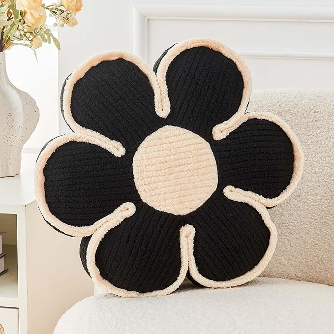 Kcvvcr Flower Pillow, Soft Flower Decorative Throw Pillow, Cute Daisy Flower Shaped Seating Floor Cushion Room D??cor Plush Pillows for Sofa Couch Bed (13.7 Inch, Black)
