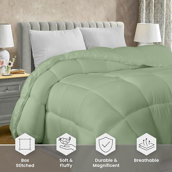 Utopia Bedding King Comforter Duvet Insert, Quilted Sage Green Comforter with Corner Tabs, Box Stitched Down Alternative Comforters King Size 90 x 102 inches