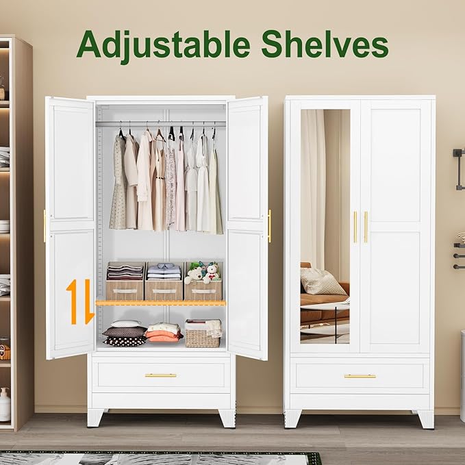 winiowa Metal Armoire Wardrobe Closet with Drawer, 71" Wardrobe Cabinet with Adjustable Shelves and Hanging Rod, Clothing Storage Cabinet Closet with Mirror for Bedroom-White