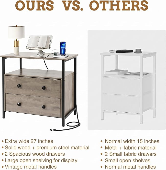 Edbuosy 27 inch Wide Night Stand with Charging Station, Bedside Table with Open Shelf, 2 Drawers Small Wood Dresser, Modern Wood Nightstand for Bedroom/Living Room (Rustic Gray) - Image 7