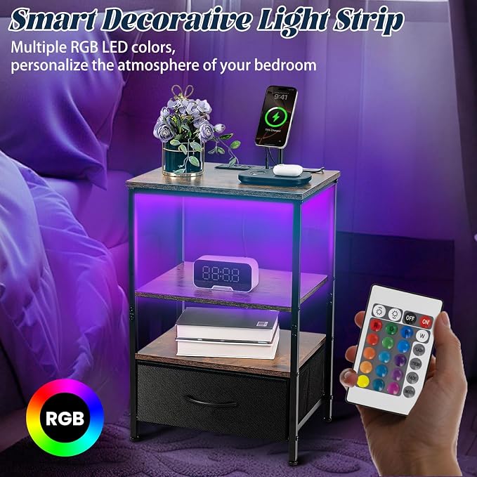 Night Stand with Charging Station, Bedside Table with Adjustable Fabric Drawers, End Table with LED Lights, Side Table with USB Ports Open Shelf for Bedroom, Black - Image 6