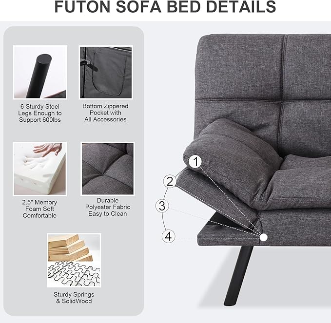 Vipbear Futon Sofa Bed Couch, 71" Convertible Sofa Bed, Space-Saving Loveseat with Adjustable Backrest & Armrest for Living Room,Apartment,Office, Grey Sleeper Sofa
