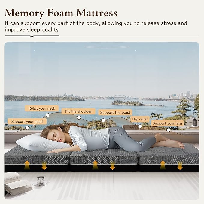 GEMBED Tri Folding Mattress King Size - Memory Foam Tri-fold Mattress, Handle & Non-Slip Bottom, Portable Foldable Sofa Bed Floor Chair for Travel RV Camping Guest Yoga - 6 Inch, 80"x76"x6"