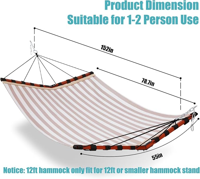TegerDeger 12FT 2 Person Hammock Large Hammock Quick Dry 450LB Capacity with V Shaped Hardwood Spreader Bar & Nylon Rope for Outside, Patio, Garden, Backyard, Beach, Poolside - Beige Stripes - Image 6