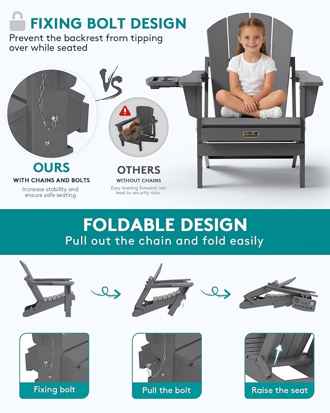 SERWALL Folding Adirondack Chair Set of 2, HIPS Adirondack Chairs with 4 in 1 Multi-Functional Cup Holder, Weather Resistant Plastic Chairs for Patio Garden Outdoors Fire Pit- Gray - Image 4