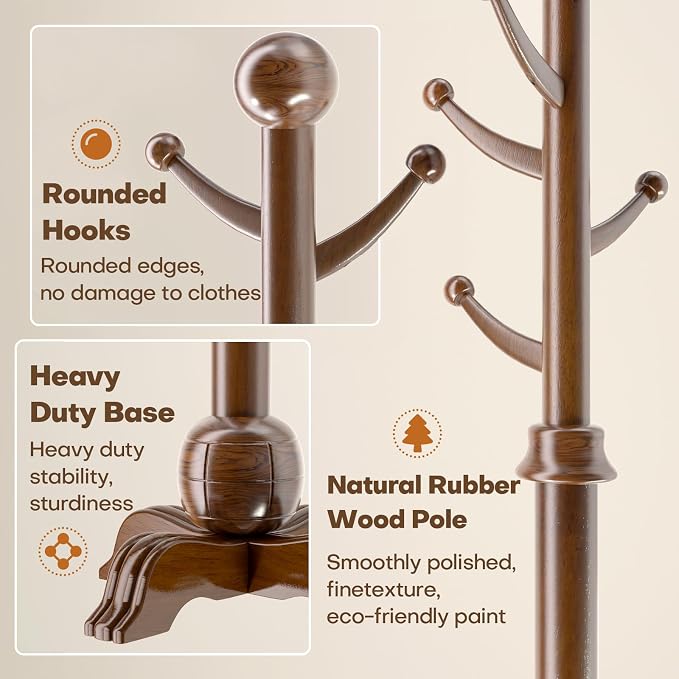 Hall Tree, Freestanding Wood Tree Rack with 7 Hooks, Coat Rack with Stable Sphere Base, Wooden Coat Rack Stand, Load 210 lb, Coat Hanger Stand for Entryway, Hallway, Bedroom, H:72 in, Walnut - Image 3
