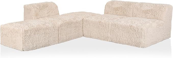 Furniture of America Havyn Modern Faux Fur 5-Seater L-Shaped Modular Armless Foam Sectional Sofa with Ottoman, Compressed Couch in a Box, No Assembly Required, for Living Room and Office, Sand
