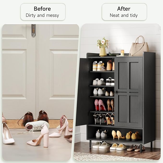 ONBRILL Shoe Cabinet with Cross Molding Doors, 6-Tier Shoe Storage Cabinet with 3 Adjustable Shelves and Metal Legs, 45'' Tall Shoes Rack Organizer Cabinet for Entryway, Front Door, Black - Image 5