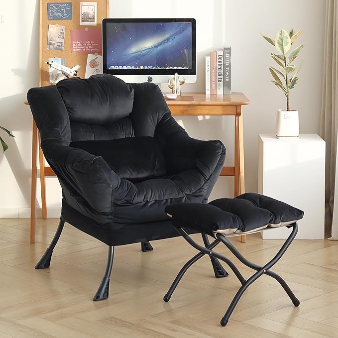 Lazy Chair with Ottoman, Modern Accent Chair with Lumbar Pillow, Velvet Black Sofa, Armchairs with Folding Footrest, Oversized Supportive Chairs for Bedroom, Reading