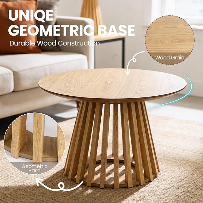 DUOMAY Modern Round Coffee Table with Unique Geometric Base, Sleek White Wood Accent Table for Living Room Office Lounge, Natural Wood Color