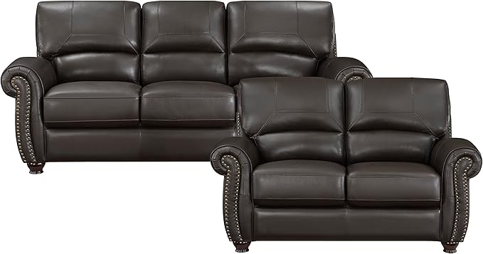 Lexicon Leather Match Sofa Set, Top Grain Leather Match Living Room Furniture Sets, Include Sofa Couch and Loveseat, 2-Piece Set, Dark Brown