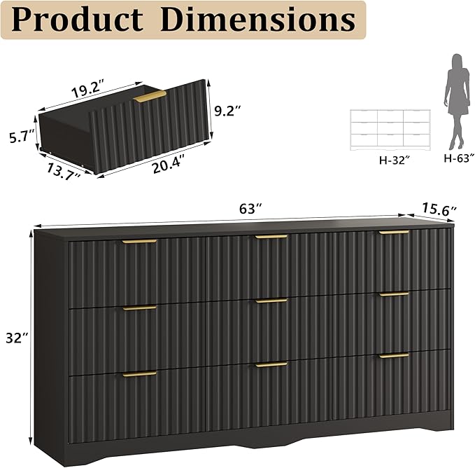 9 Drawer Dresser and Nightstand Sets for Bedroom, Modern Fluted 3 Pcs Bedroom Dresser Furniture Sets, Wood Chest of Drawers and Nightstand Set of 2 with Metal Handles, Black