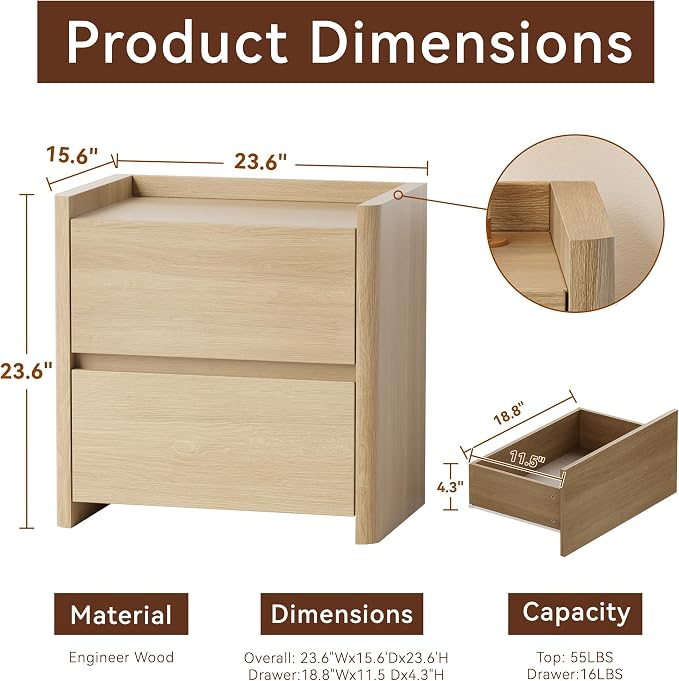 Nightstand with 2 Storage Drawer, Modern End Table for Bedroom with Cut-Out Handle, Large Night Stands for Bedroom, Home Office, Set of 1, Oak - Image 2