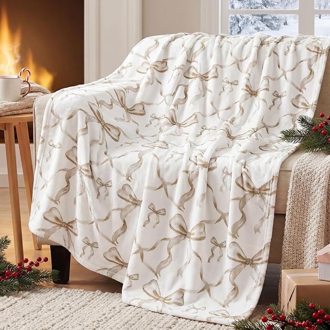 Buryeah Beige Bow Throw Blanket Valentine's Day Galentines Day Gifts Preppy Blanket Coquette 50 X60 Flannel Soft Cute Bow Lightweight Aesthetic Room Decor for Women Friends for Sofa Couch Travel Bed