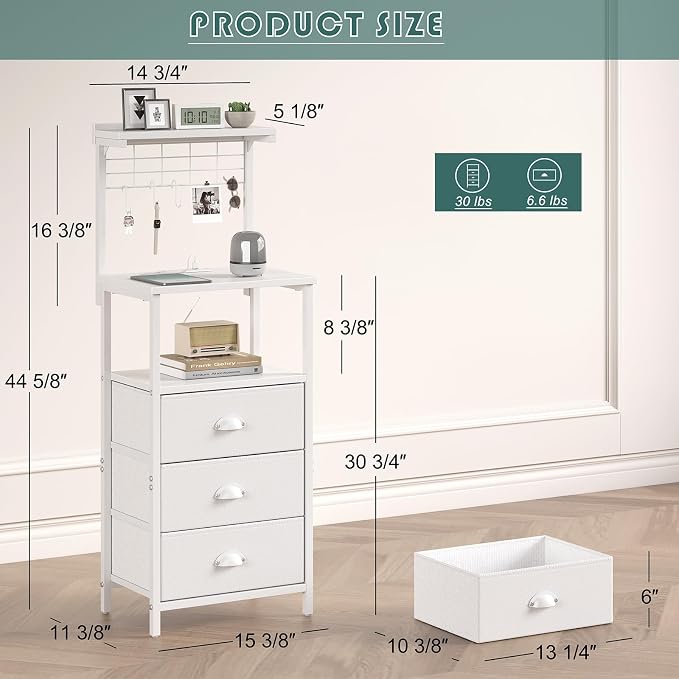 sthmec Bedside Tall Nightstands with Charging Station, LED Bedside Table for Bedroom - 3 PU Fabric Drawers, Hooks, USB/Type-C Ports & Open Bedside Shelves, White - Image 3