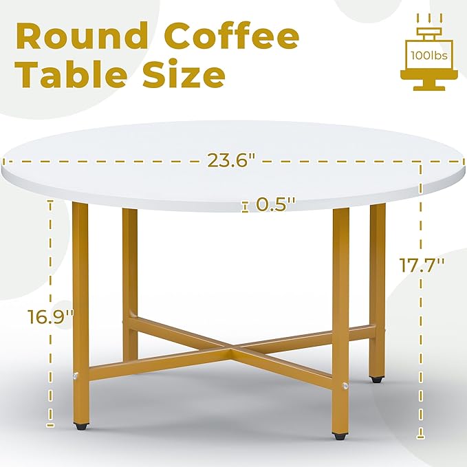 Coffee Table, 23.6" Coffee Tables for Living Room, Round Coffee Table with Metal Frame, Floor Table for Sitting on The Floor, Home, Office, White & Gold Legs