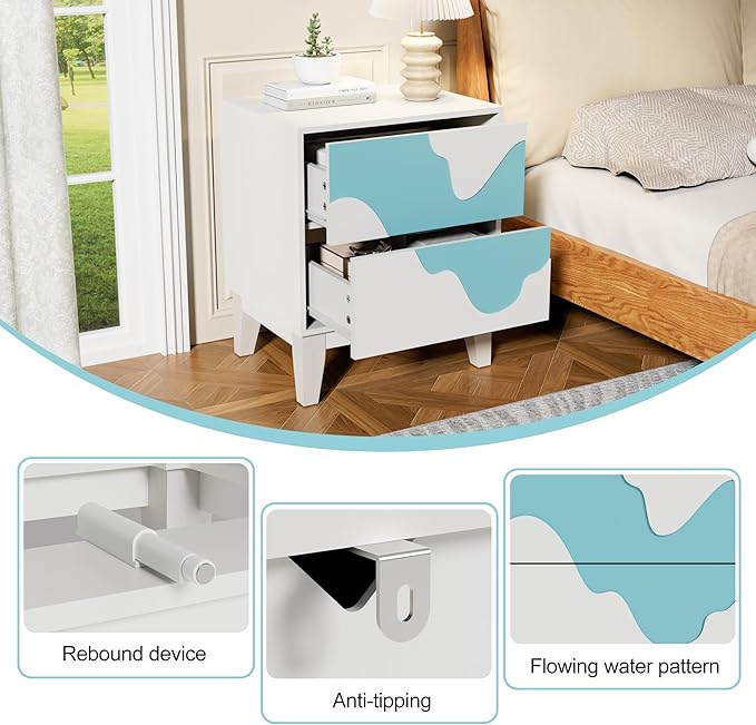 Anbuy Water Stream 9 Drawer Dresser and Water Stream Night Stand Sets for Bedroom, Two Drawers Nightstand Set of 2 & 9 Drawer Dresser Combo 3 Pieces (White)