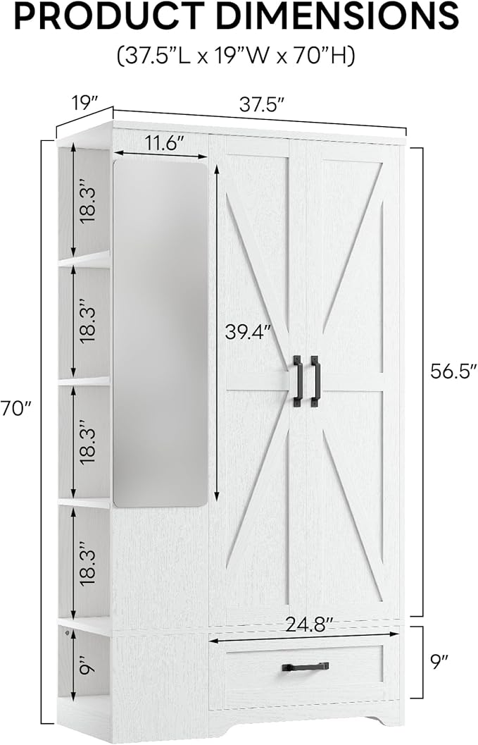 LIKIMIO Armoire Wardrobe Closet 70 Inches, Large Storage with Mirror, 2 Doors, Drawer, and Shelves, Modern Bedroom Freestanding Wooden Wardrobe Combination with Hanging Rail, White
