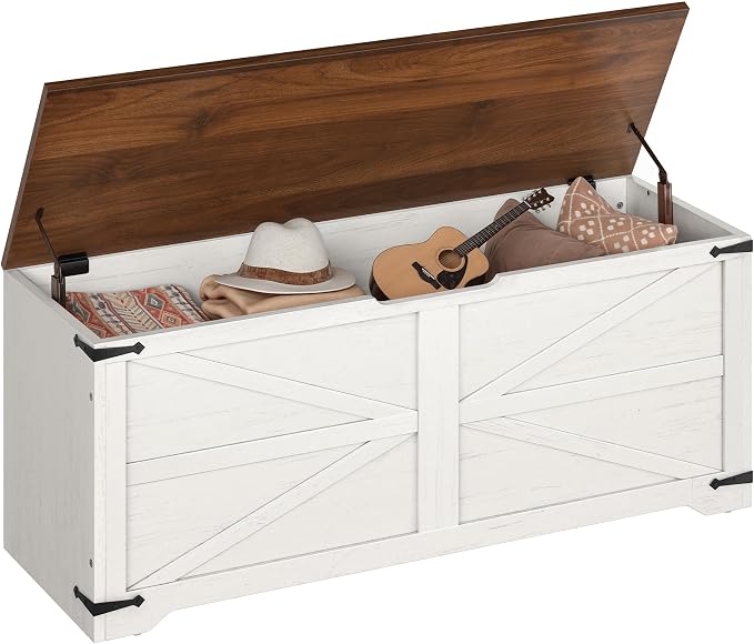 DWVO Storage Bench, 47.2" Farmhouse Storage Chest with 2 Safety Hinges, Wooden Utility Organizer, Shoe Bench for Entryway, Bedroom, Living Room, White and Walnut - Image 7