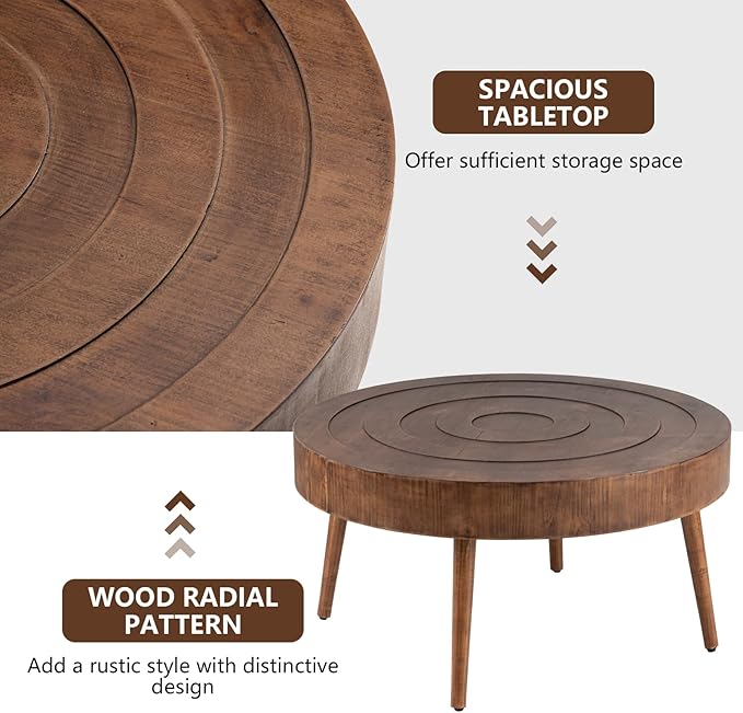 COSIEST Round Coffee Table Set of 2, Nesting Tables with Circle Pattern, Modern End Table for Living Room, Farmhouse, Brown
