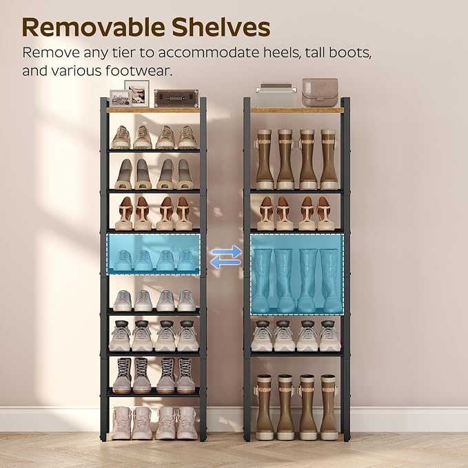YATINEY 8-Tier Narrow Shoe Rack, Tall Shoe Rack for 8-16 Pairs, Slim Shoe Storage Organizer with Wooden Top, Space Saving, Metal Frame, for Entryway, Rustic Brown and Black SS608BR - Image 5