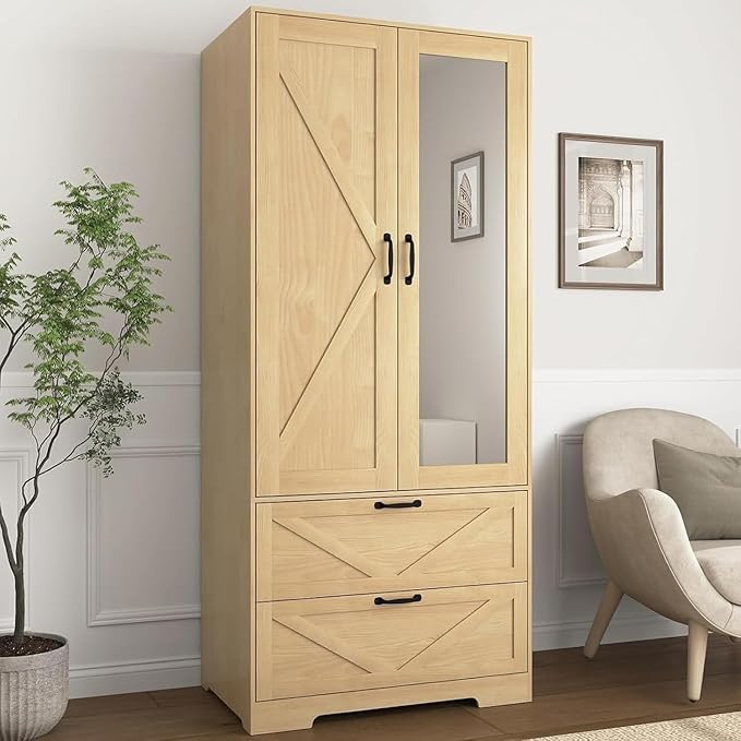 Natural Armoire Wardrobe Closet with Mirror Door and LED Lights,72" Tall Farmhouse Bedroom Armoire with Drawers and Adjustable Shelves,Wooden Armoire Wardrobe Closet for Bedroom
