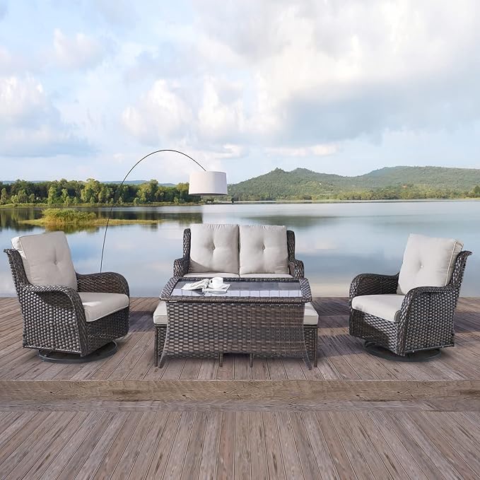 Rilyson Wicker Patio Furniture Set - 6 Piece Rattan Outdoor Sectional Conversation Sets with 2 Swivel Rocking Chairs,2 Ottomans,1 Loveseat and 1 Coffee Table for Porch Deck Garden(Brown/Beige)