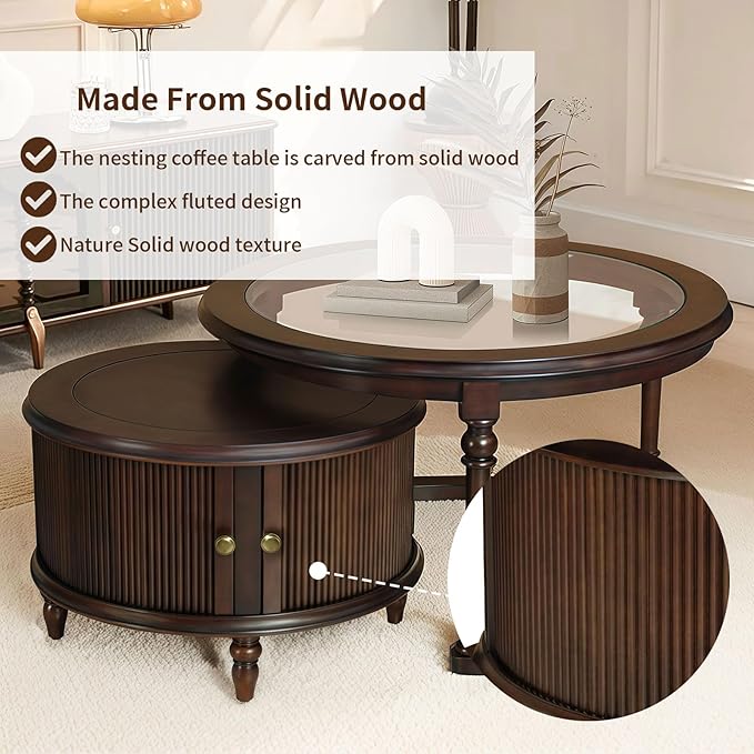 31.5'' Glass Top Round Coffee Table with Storage, Solid Wood and MDF Fluted Coffee Table Set of 2 for Living Room Office, Brown