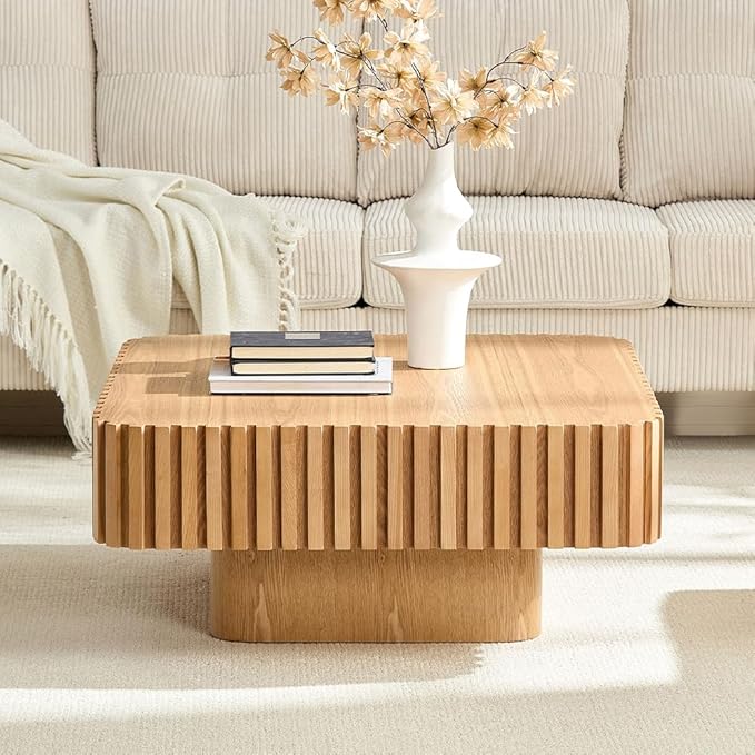 WILLIAMSPACE 35.43" Square Coffee Table with Sturdy Base, Modern Luxury Wood Drum Center Table Accent End Side Table for Living Room, Minimalist Fluted Design, Oak