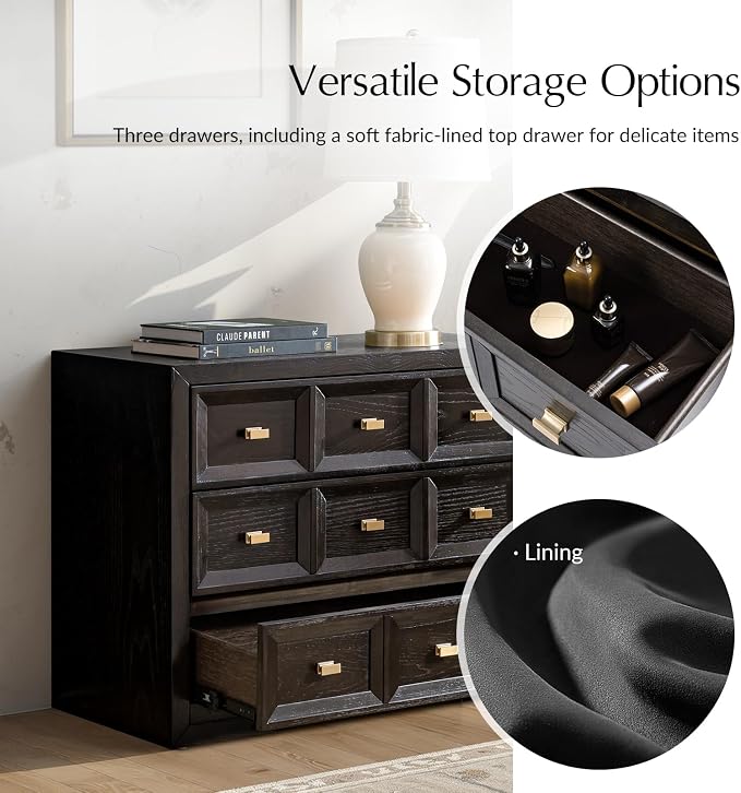 HULALA HOME Solid Wood Nightstand with Soft Fabric-Lined Top Drawer, 3 Drawer and Metal Knobs Bedside Tables, Contemporary Geometric Night Stand with Charging Station, Black - Image 3