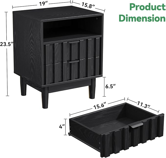 Fluted Nightstand, 19" Wide Night Stand with Solid Wood Legs, Open Storage Shelf, Mid Century Modern Wooden Bedside Table for Bedroom, Bed End Side Table, Black - Image 2