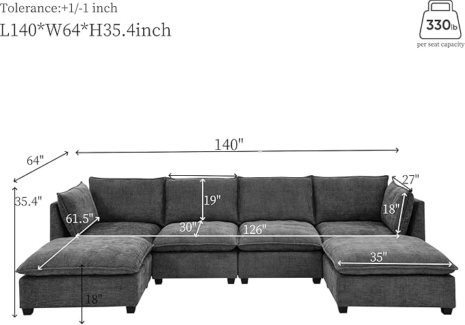 Flexible Combination Convertible Modular Sectional Sofa,140" Oversized U Shaped Cloud Couches with 2 Movable Ottomans,6-Seat Chenille Combination Sofa Set for Living Room | Layer Cushions