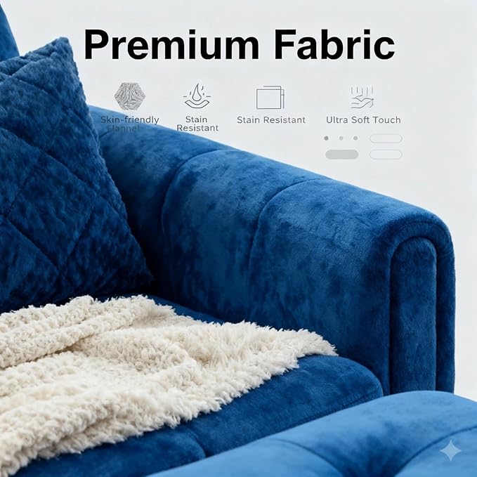 Modern L-Shape Sofa with Storage Ottoman, 3-Piece Flannel Sectional Couch Set for Living Room, Contemporary Upholstered Couch Set with Solid Wood Frame for Apartment, Blue