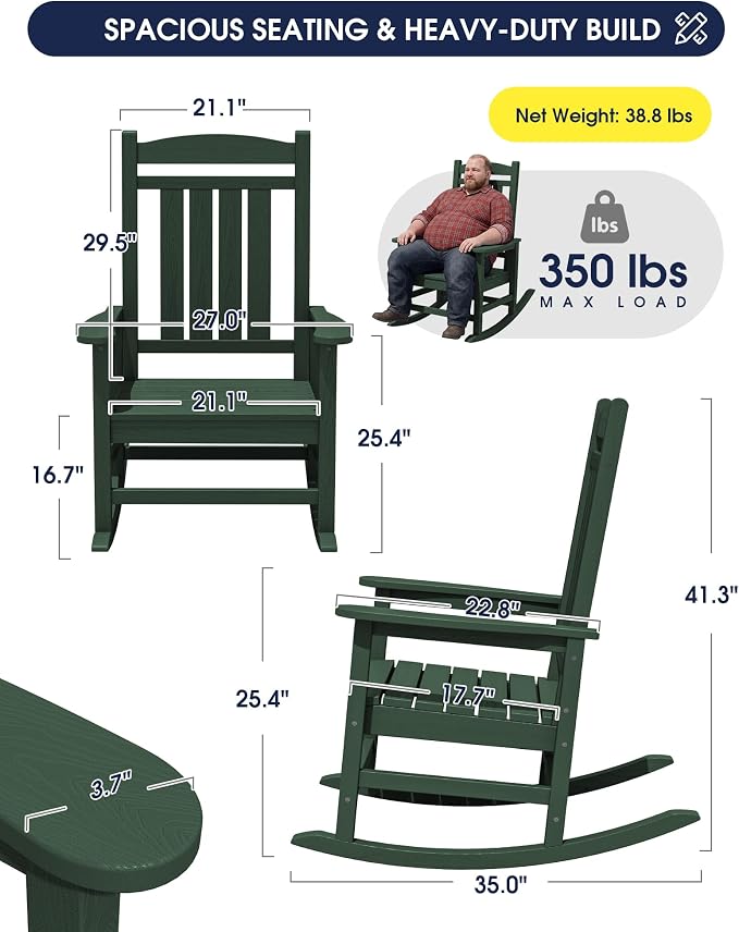 KINGYES Oversized HDPE Outdoor Rocking Chair, All-Weather Patio Rocking Chair, Weather Resistant Porch Rocker for Adults, Dark Green - Image 3