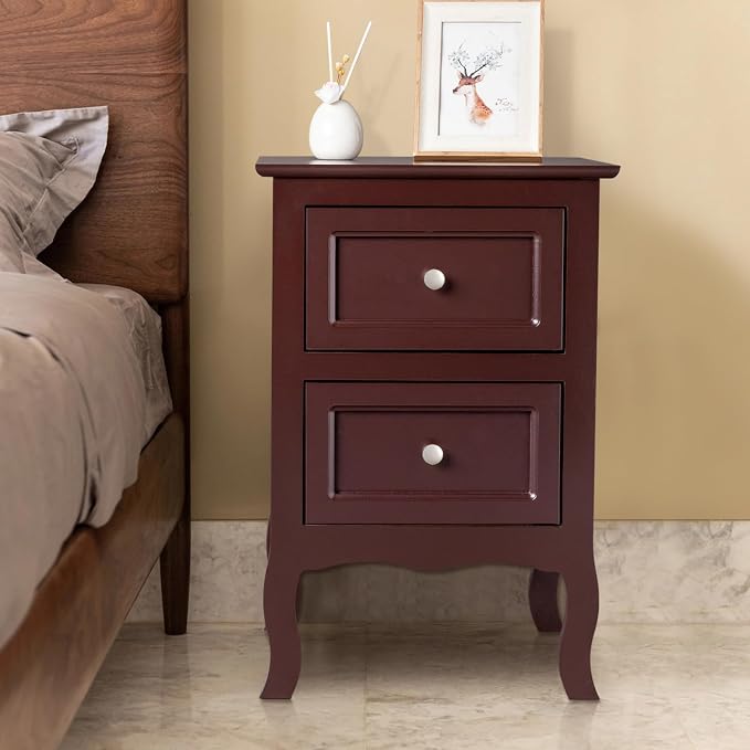 Karl home Brown Nightstand Set of 2 for Bedroom, Vintage Small Night Stand with Drawers, Farmhouse Side Table, Wooden End Tables with Curved Legs for Office, Mid-Century - Image 2