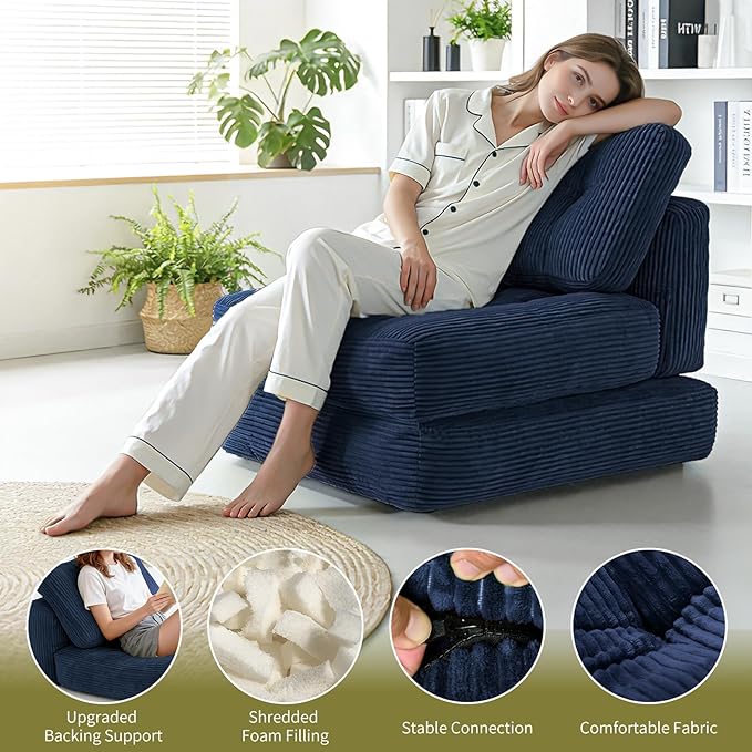 Art3d Folding Sofa Bed, Convertible Sleeper Sofa Bed with Pilow & Back Support, 3 in 1 Long Futon Boneless Couch, Comfy Floor Couch for Living Room, Bedroom, Navy Blue