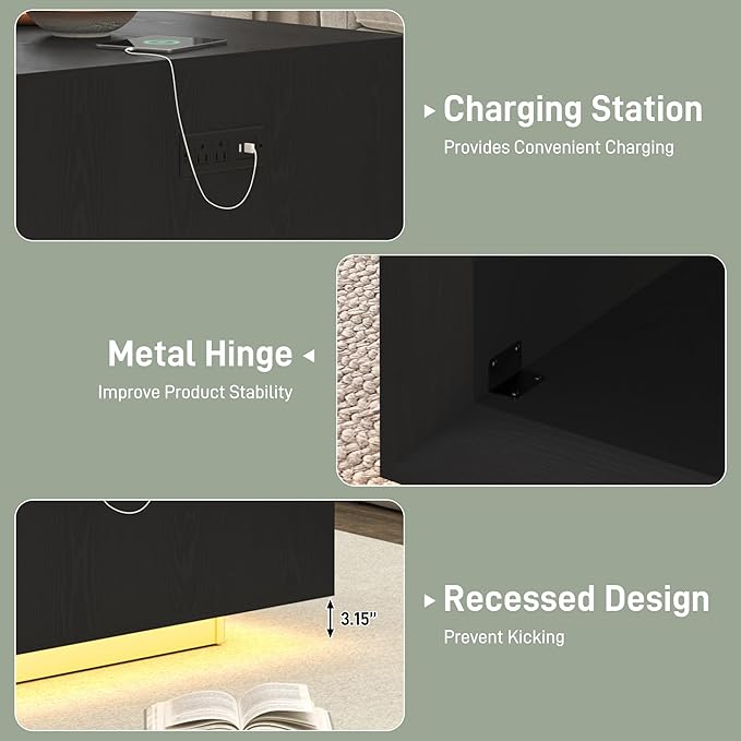 32" Mid Century Modern Coffee Table for Living Room, Square Center Table with LED Light & Power Outlet, Cocktail Table with Storage, 2-Tier Minimalist, Deep Beveled Edge, Wood Thick Design, Black