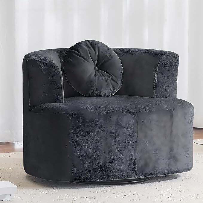 MELLCOM Oversized Swivel Accent Chair, Modern Curved Back Single Sofa Chair, Comfy All-Foam Compression Upholstered Round Armchair with Pillow,Cozy Chenille Barrel Chair for Living Room(Dark Grey)