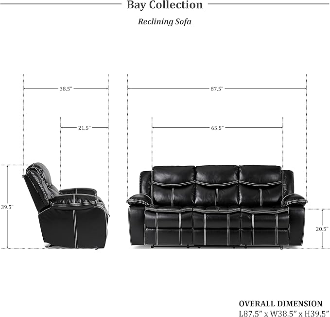 Lexicon Bay Manual Reclining Living Room Sofa Set, 2-Piece, Black