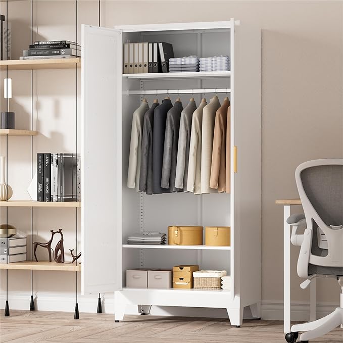 LCAOPC 71" Tall Metal Wardrobe Closet with Adjustable Shelves and Hanging Rod, 2 Doors Free Standing Armoire Wardrobe Cabinet for Bedroom, Office, Laundry Room, White