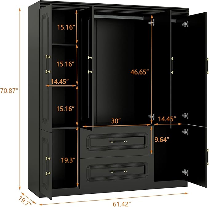 Armoire Wardrobe Closet with 4 Doors, Tall Wooden Armoire Wardrobe Closet with 2 Drawers and 2 Hanging Rods, Armoires and Wardrobes, Clothes Storage Organization for Bedroom Black