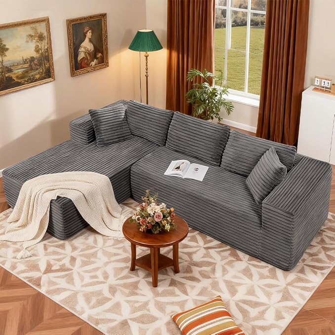 COMHOMA 105”Modular Sectional Sofa with Deep Seat,Cloud Upholstered L-Shape Couch Wide Arms Corduroy Fabric High-Density Foam Chaise Lounge for Living Room No Assembly Required