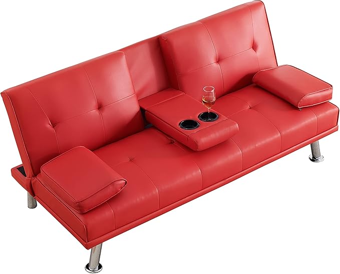 KEIKI 67" Leather Folding Futon Sofa w/Cup Holder & Adjustable Backrest, Mid Century Modern Couch Loveseat Convertible to Sleeper Bed, Comfy Cloud Couch SofaBed for Living Room & Bedroom, Red