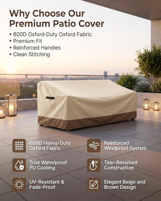 Outdoor Sofa Cover, Waterproof Patio Furniture Cover 58.3W x 32.7D x 31H inches Heavy Duty 600D Oxford Fabric Beige and Brown - Image 7