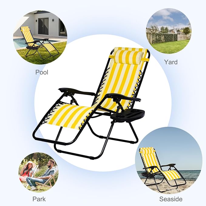 Nazhura Set of 2 Relaxing Recliners Patio Chairs Adjustable Steel Mesh Zero Gravity Lounge Chair Beach Chairs with Pillow and Cup Holder (Yellow Stripe) - Image 8