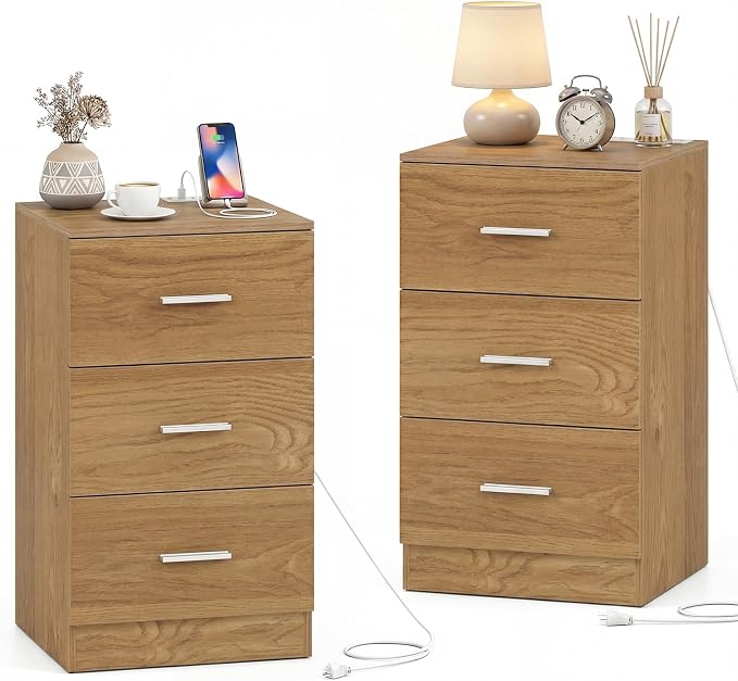 KOMFOTT 3-Drawer Nightstand, Modern Drawer Organizer with Power Outlet, Compact Bedside Storage End Table for Bedroom, Small Spaces (Natural,2) by KOMFOTT